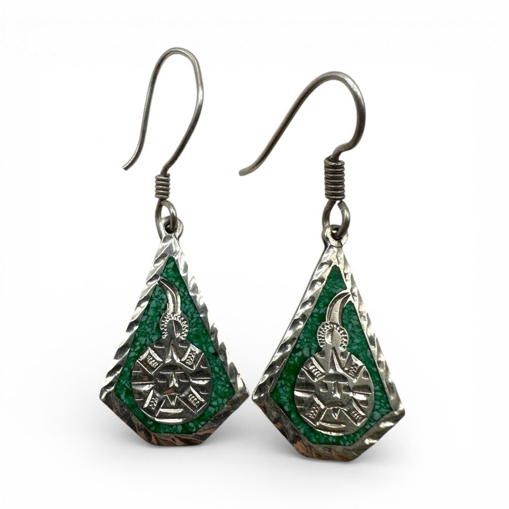 Mexican Sterling Silver Green Inlay Aztec Mayan Dangle Earrings